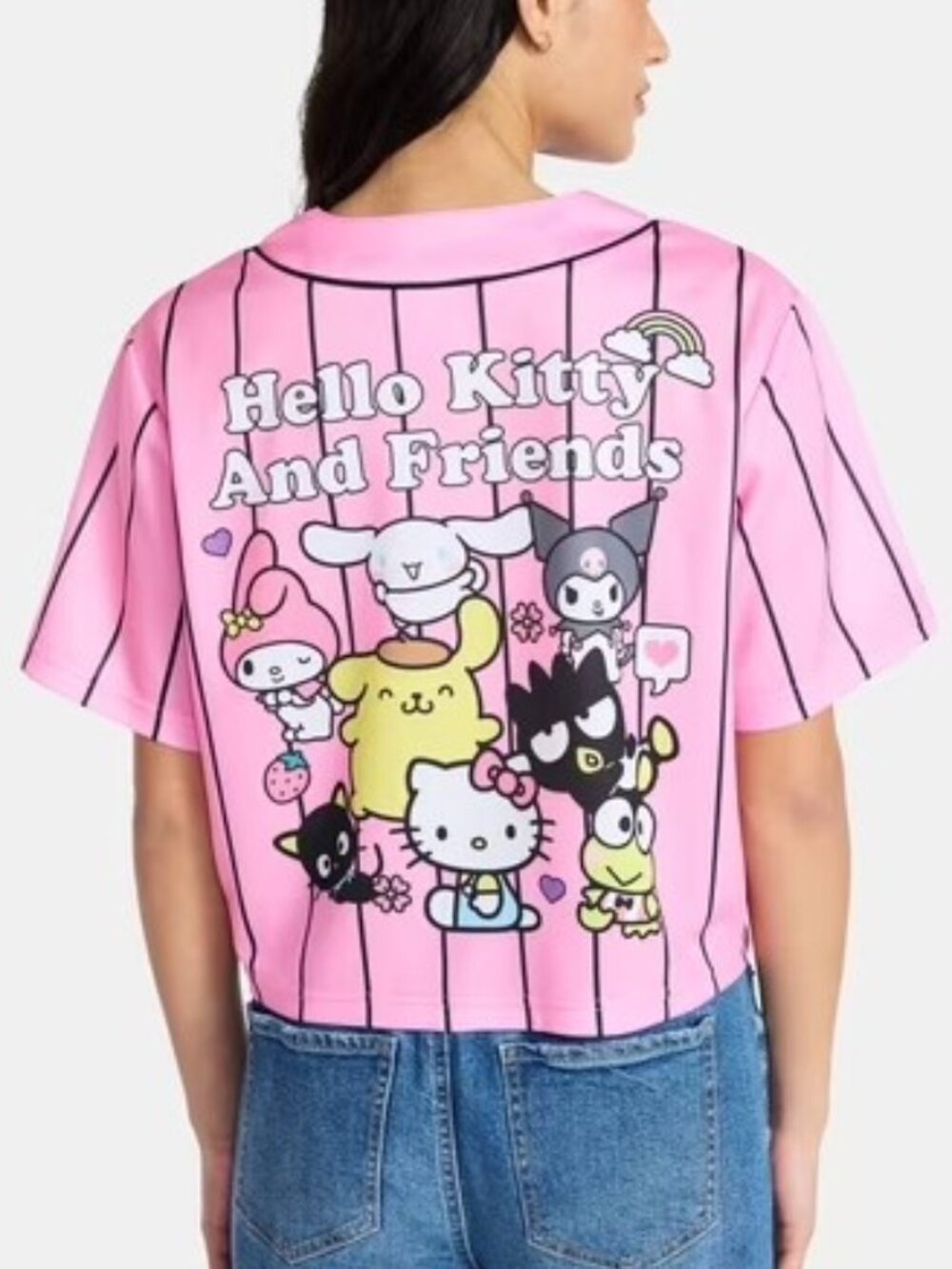 New Hello Kitty L Pink Cropped Baseball Jersey Mesh Graphic Y2K